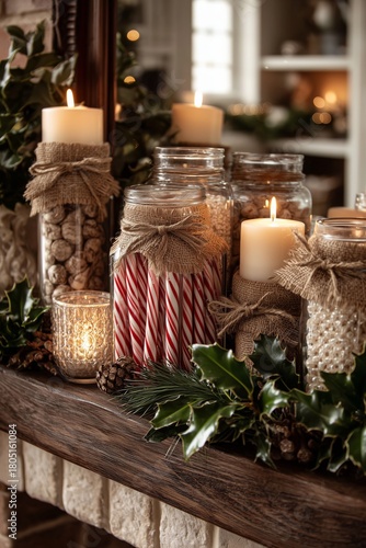 Beautiful Holiday Decorations With Candles, Jars, and Natural Elements in a C...