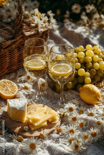Enjoying a Sunny Picnic With Wine, Cheese, and Fresh Fruit Among Daisies in t...