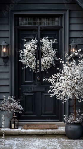 Beautiful White Wreath on a Dark Door With Plants in Front During Evening Light