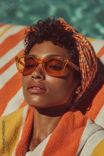 Stylish Woman Relaxing by the Pool in Summer Attire With Vibrant Sunglasses a...