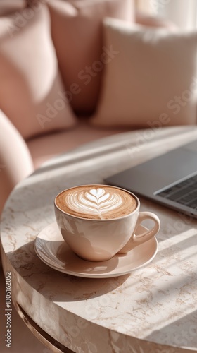 Warm Coffee Cup on a Marble Table With Flowers and a Laptop in a Cozy Setting