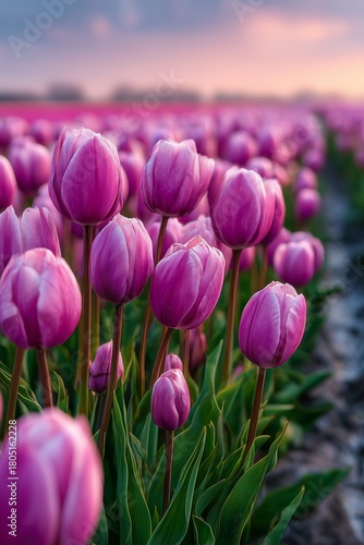 Vibrant Pink Tulips Bloom in the Golden Light of Sunset in a Tranquil Flower ...