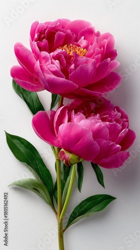 Beautiful Pink Peonies With Green Leaves Arranged Elegantly on a Light Backgr...