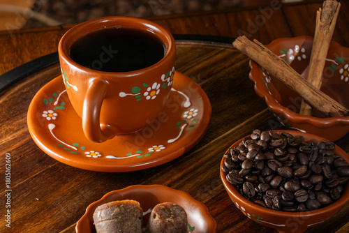 Still life of raw coffee and cacao ingredients.
