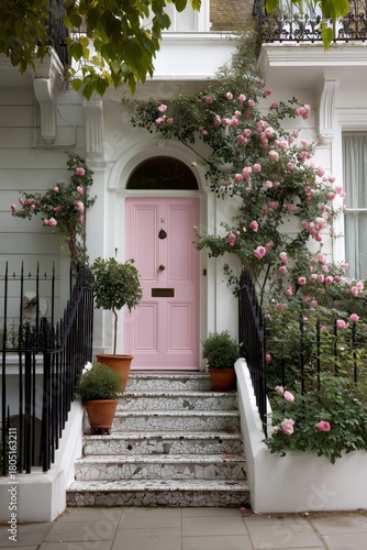 Pink Door With Blooming Roses and Green Foliage in a Charming Neighborhood