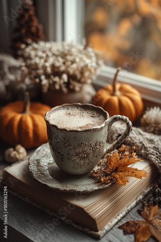 Cozy Autumn Scene With a Warm Drink, Pumpkins, and Decorative Elements by the...