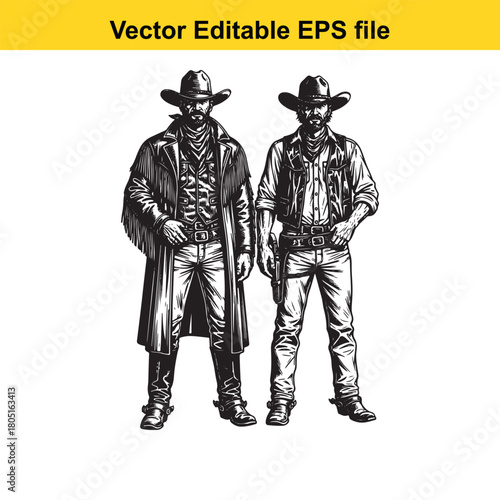 Two cowboys standing side by side, one wearing a long coat and the other a vest, both with hats and guns, isolated on