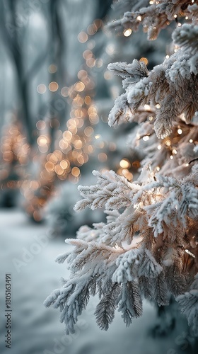 Frosty Winter Landscape With Decorated Trees and Soft Glowing Lights in Nature