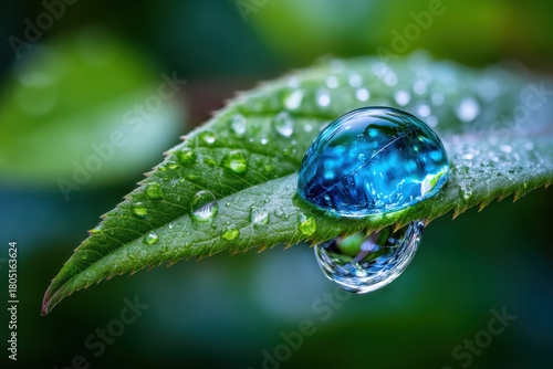 Droplet resting on a leaf capturing reflections in a garden during the morning light