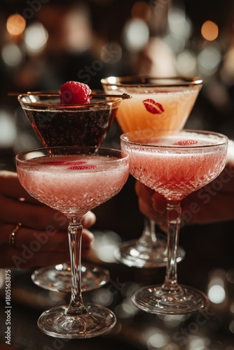 Colorful Cocktails Served at a Lively Bar During an Evening Gathering With Fr...