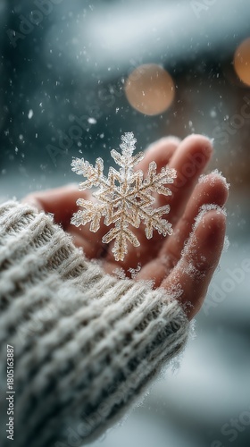 Snowflake Held Gently in a Hand During a Snowy Day With Blurred Background Li...