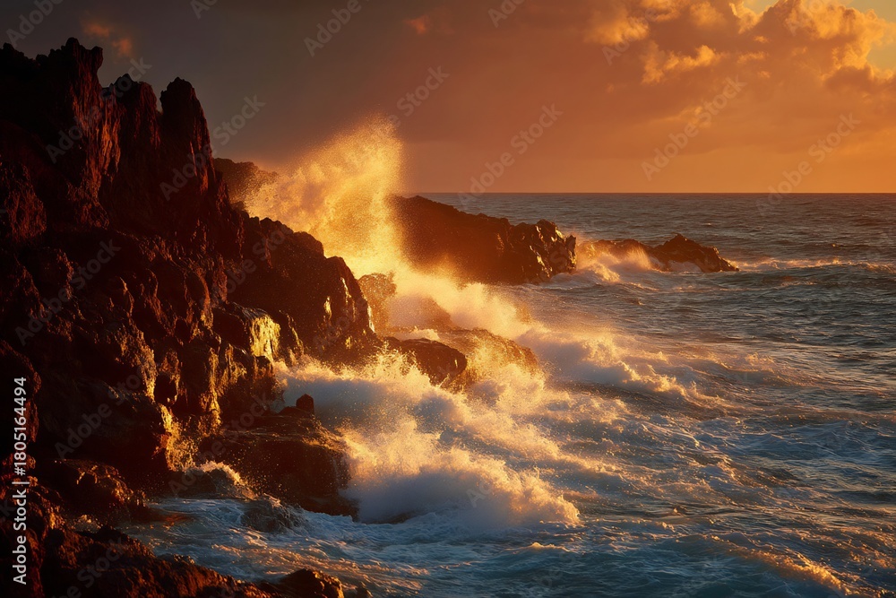 Fototapeta premium Ocean waves crashing against rocky cliffs during a vibrant sunset with an orange sky and clouds above
