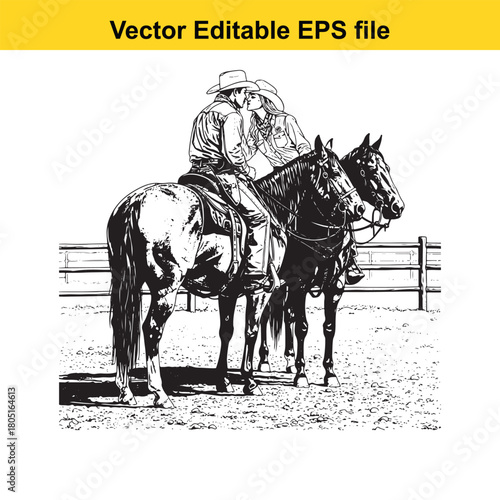Two cowboys riding horses together in a dusty arena, one kissing the other, with a fence in the background