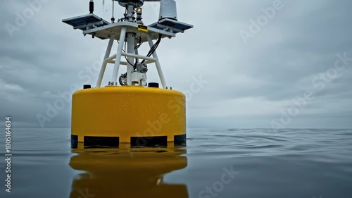 A yellow buoy mounted with electronic devices and solar panels floats on water beneath a cloudy sky