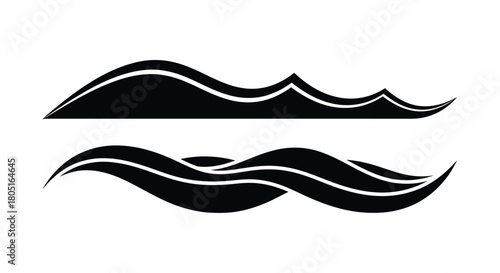 Minimalist black and white illustration of waves and mountain peaks
