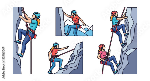 Illustration of rock climbers in various poses with climbing equipment
