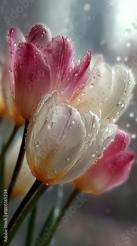 Colorful Tulips With Droplets in a Bright Indoor Setting During Springtime