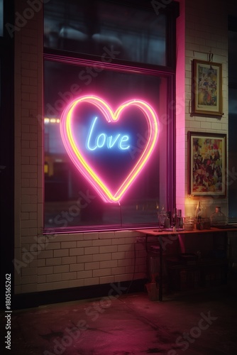 Neon Love Sign Glowing in Cafe Window During Evening Hours