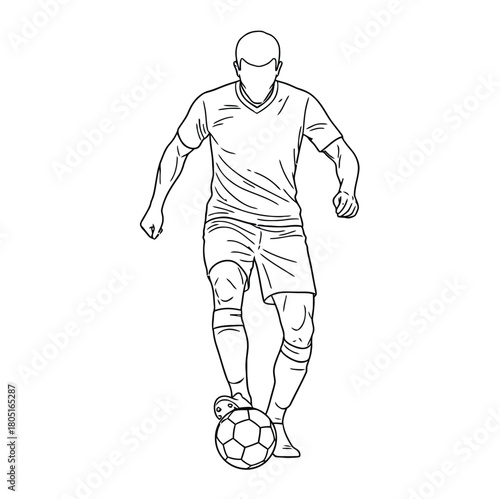 Front View Soccer Player Dribbling Ball Outline Line Art Vector