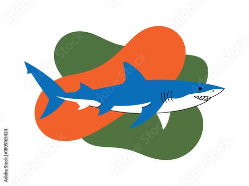 A blue shark swims against a backdrop of organic shapes.