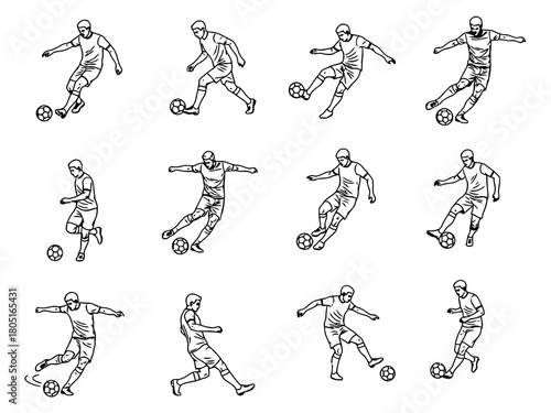 Soccer Players Outline Vector Set - 12 Hand-Drawn Dribbling & Kicking Poses