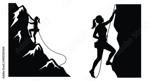 Silhouette of two female rock climbers scaling a steep jagged mountain