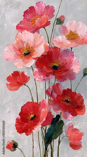 Beautiful Arrangement of Pink and Red Flowers on a Light Background in an Art...