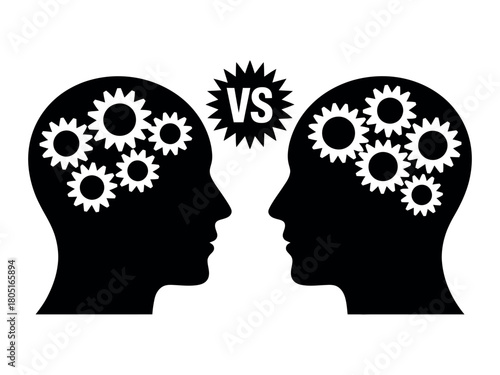 Two silhouetted heads with gears inside face each other, indicating a mental battle.
