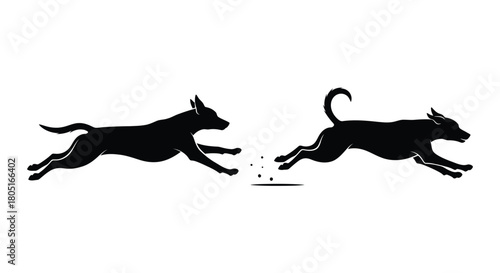 Two black silhouettes of dogs running and playing dynamic action pose