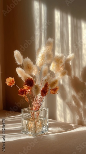 Elegant Dried Flowers Arranged in a Glass Vase on a Soft Fabric Background Wi...