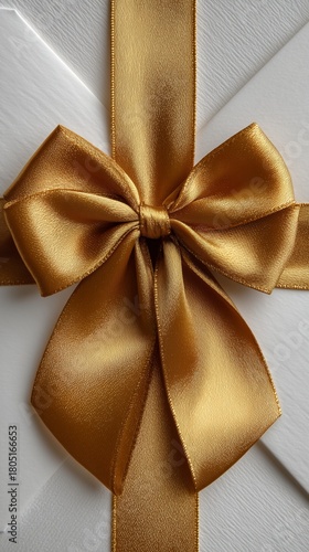 Elegant White Gift Box With Gold Ribbon and Bow on a Neutral Background