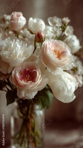 Beautiful Bouquet of Peonies and Roses Arranged in a Simple Glass Vase for a ...