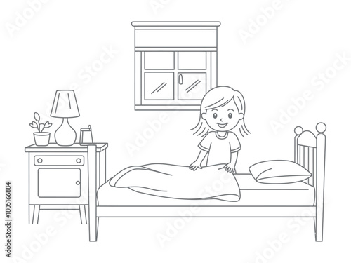 A happy child is waking up in a cozy bed next to a nightstand.