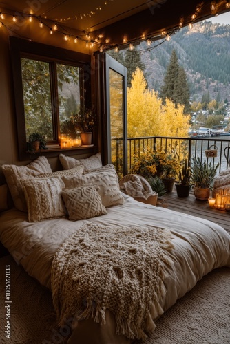 Cozy Bedroom With Warm Lights and Fall Colors During Sunset