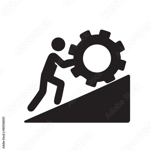 A simple illustration depicts a person struggling to push a large gear uphill symbolizing effort and progress