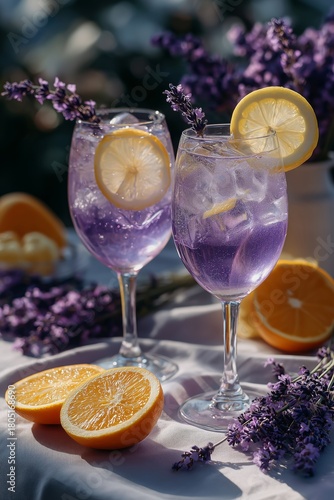 Refreshing Lavender Lemonade Served in Elegant Glasses With Citrus Fruits on ...