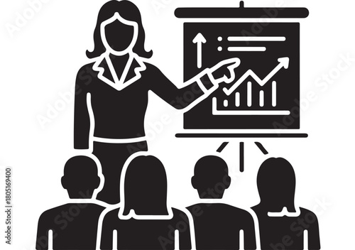 Business presentation icon woman presenting financial data on a chart vector glyph for business and education infographics