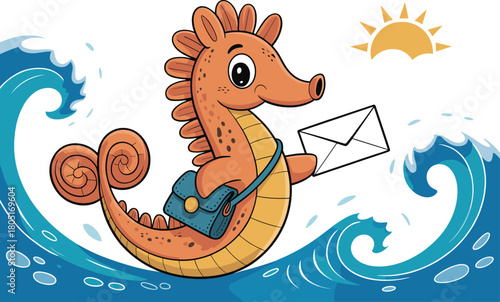 Cute cartoon seahorse delivering mail across ocean waves, playful marine character illustration for kids, messaging themes, summer design and creative artwork