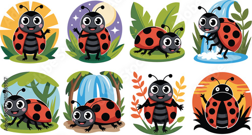 Adorable Cartoon Ladybugs in Diverse Natural Environments and Times Keywords: ladybug, ladybird, cute, cartoon, character, illustration, drawing, nature, garden, leaves, grass, sun, daytime, night