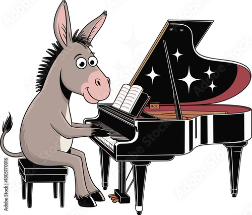 Funny cartoon donkey playing elegant grand piano on stage, musical animal character illustration, humorous performance artwork suitable for children entertainment and decoration