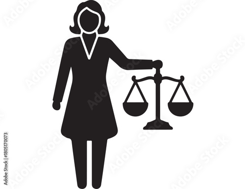 Female lawyer icon holding scales of justice simple flat vector glyph for legal services isolated on white background