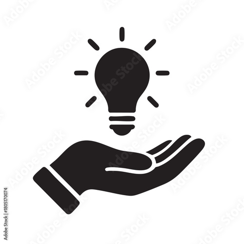A black and white illustration depicts a hand gently cradling a glowing light bulb symbolizing innovation
