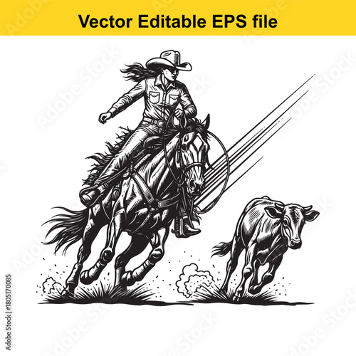 Cowgirl on horseback chasing a calf in a rodeo, vector illustration