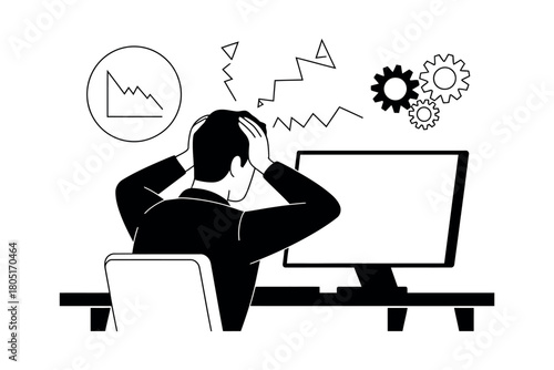 A businessman sits at his desk, stressed by financial losses and complex problems.