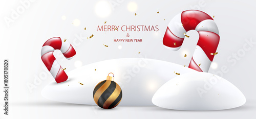 Merry Christmas web banner with realistic 3d candy cane and ball. Snow landscape decoration element. Holiday card vector X-mas design.