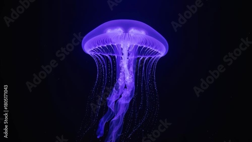 Seamless 10-second deep-sea time-lapse of a glowing purple-blue cosmic jellyfish pulsing and drifting in pitch-black water, tentacles waving with sparkling particle trails. Static ocean void