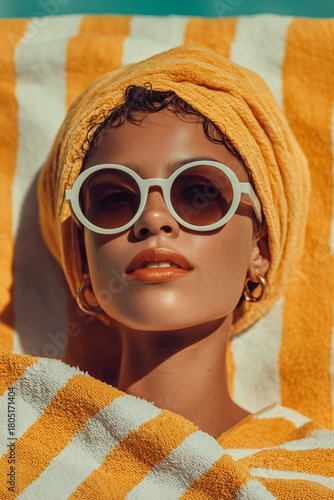 Stylish Woman Relaxing by the Pool in Summer Attire With Vibrant Sunglasses a...