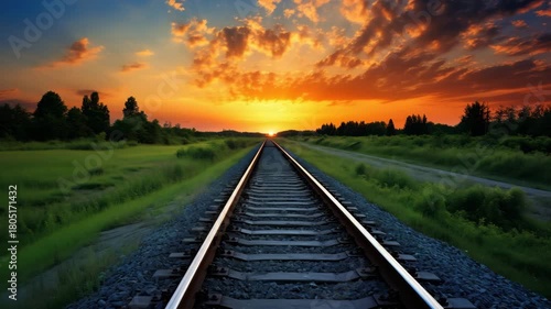 railway tracks in summer landscape at sunset animation