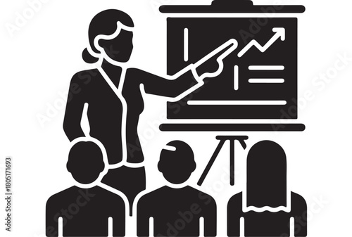 Business presentation glyph icon showing growth chart for business training and education isolated on white background