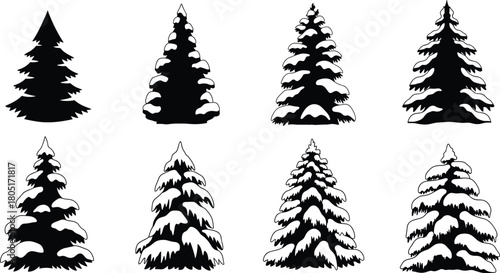 Black Silhouette Christmas Trees Covered in Snow Vector Collection, Winter Holiday Season Elements, Conifer Forest Graphics, Festive Decoration Clipart for Seasonal Greeting Card Design.